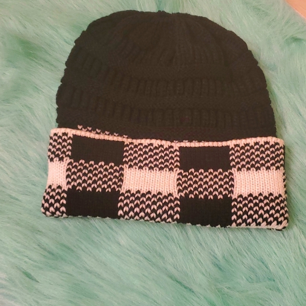 Ivory and Black Beanie